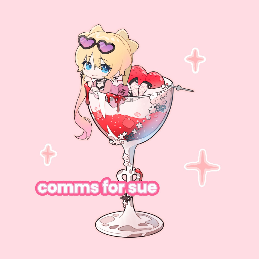 1girl, angel_(killer_chat), blonde_hair, blue_eyes, chibi, chibi_only, cup, drinking_glass, english_text, eyewear_on_head, fishnet_thighhighs, fishnets, food, fruit, gradient_hair, heart, heart-shaped_eyewear, highres, in_container, in_cup, jacket, jewelry, killer_chat!, marysue0315, multicolored_hair, necklace, pink_hair, pink_jacket, pink_skirt, shirt, skirt, smile, strawberry, thigh-highs, thighlet, tooth_necklace, twintails, white_shirt, wine_glass