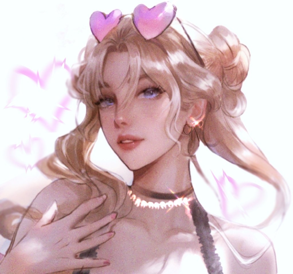 1girl, aegyo_sal, angel_(killer_chat), blonde_hair, blue_eyes, curtained_hair, eyewear_on_head, hand_up