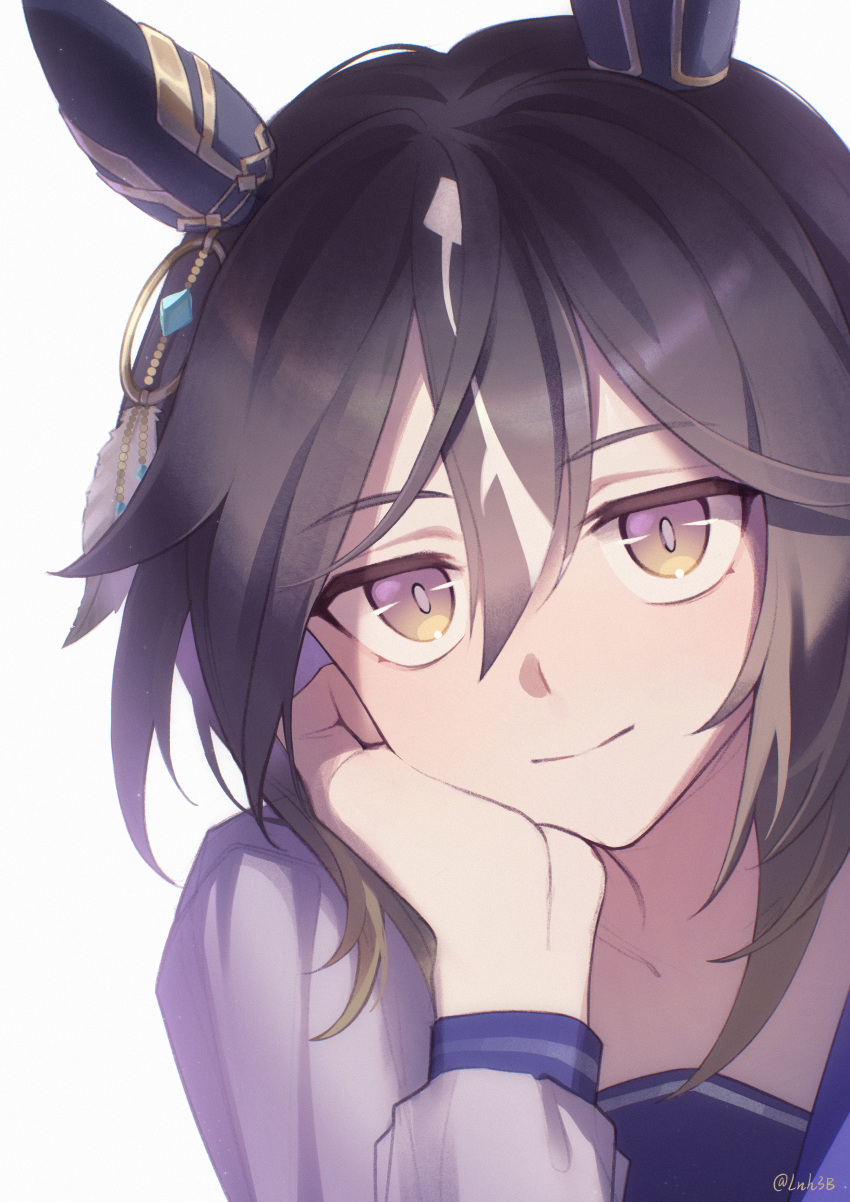1girl, absurdres, animal_ears, arm_support, black_hair, brown_eyes, closed_mouth, hair_between_eyes, highres, horse_ears, light_smile, looking_at_viewer, portrait, shirt, shuanghu-miku, sidelocks, simple_background, solo, stay_gold_(umamusume), twitter_username, umamusume, white_background, white_shirt