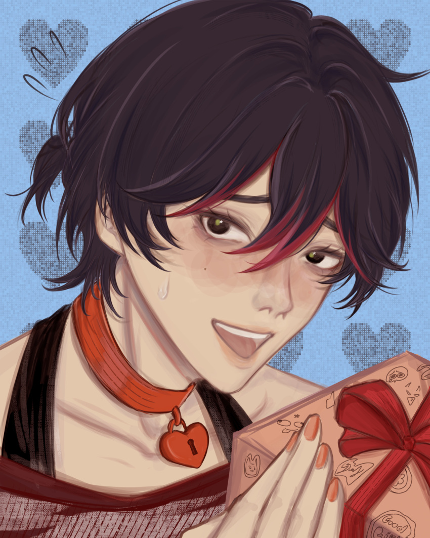 1other, :d, absurdres, aegyo_sal, aweseir, black_eyes, black_hair, blush, collar, gift, highres, holding, holding_gift, killer_chat!, misaki_(killer_chat), multicolored_hair, one_side_up, open_mouth, other_focus, red_shirt, red_streaks, shirt, smile, solo, spaghetti_strap, streaked_hair, teeth, undershirt, upper_teeth_only