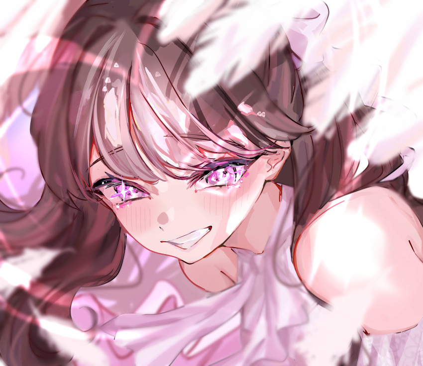 1girl, absurdres, bare_shoulders, blush, brown_hair, clothing_cutout, commentary, duplicate