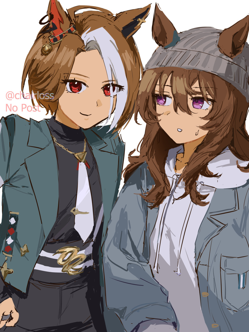 2girls, absurdres, aqua_jacket, artist_name, baryumejuya, bell_ear_ornament, belt, belt_buckle