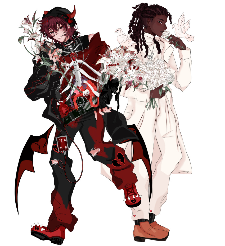 2boys, absurdres, aiko9311, animal_on_shoulder, artist_collaboration, beanie, belt, bird, bird_on_hand, bird_on_shoulder, black_jacket, black_shirt, bouquet, coat, commentary, dark-skinned_male, dark_skin, demon_horns, double-parted_bangs, dreadlocks, english_commentary, fake_horns, formal_clothes, hair_between_eyes, hand_up, hat, high_ponytail, highres, holding, holding_bouquet, horns, jacket, killer_chat!, low_wings, male_focus, multiple_boys, organ_print, ponytail, purple_hair, red_shirt, richu.arts, ronin_(killer_chat), shirt, short_hair, skeleton_print, undershirt, v_(killer_chat), vest, white_coat, white_lily, white_shirt, white_vest, wings