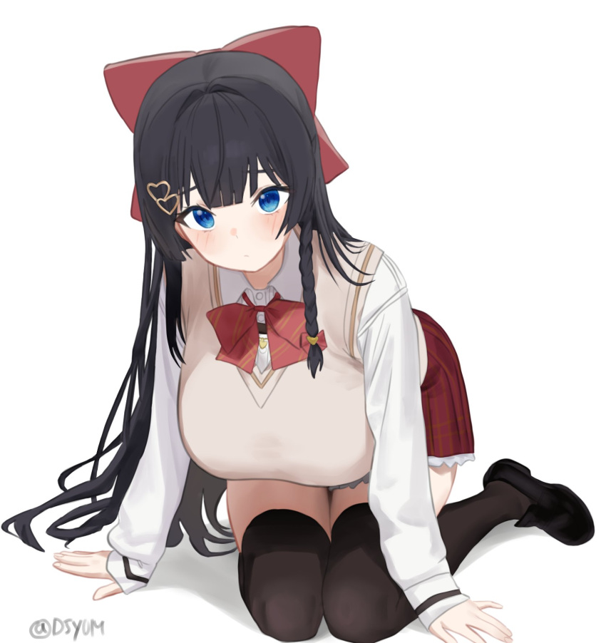 1girl, all_fours, black_hair, black_shoes, black_thighhighs, blue_eyes, blunt_bangs, bow