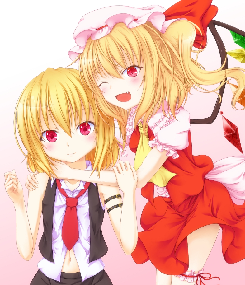 ascot, blonde_hair, blush, dress_shirt, fang, flandre_scarlet, hat, leg_garter