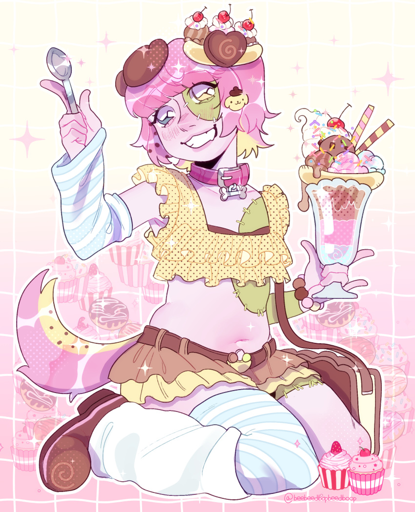 1girl, absurdres, beebeedibapbeediboop, belt, blonde_hair, blunt_bangs, blush, borrowed_character, collar, colored_inner_hair, crop_top, detached_sleeves, dog_tail, draw_this_in_your_style_challenge, food, grin, highres, holding, holding_spoon, ice_cream, miniskirt, multicolored_hair, original, patchwork_skin, pink_hair, pink_theme, pompompurin, sanrio, short_hair, skirt, smile, spoon, tail, thigh-highs