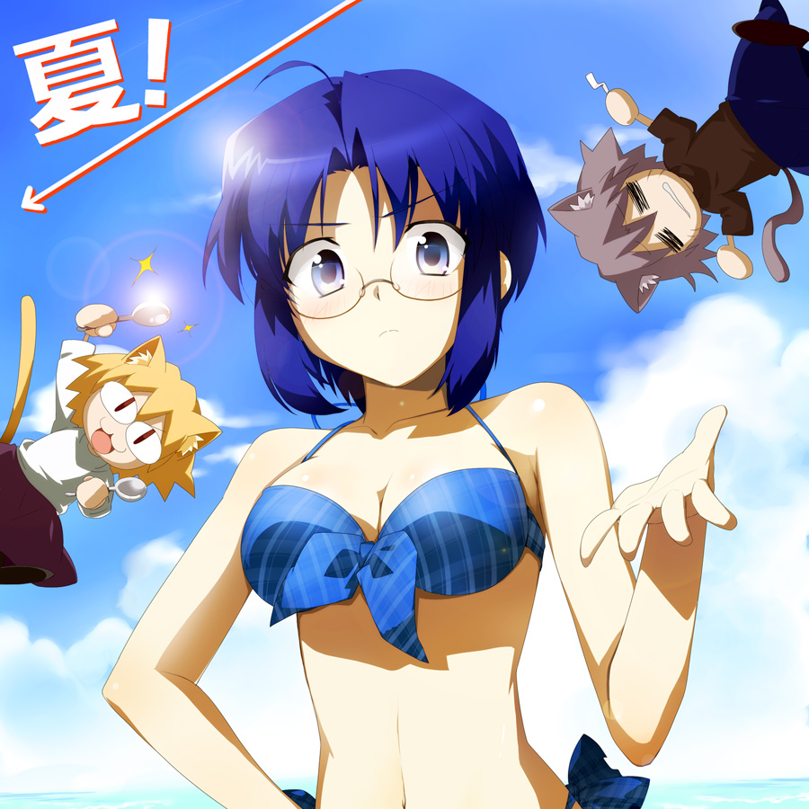 1boy, 2girls, bad_id, bikini, blue_eyes, blue_hair, blush, breasts