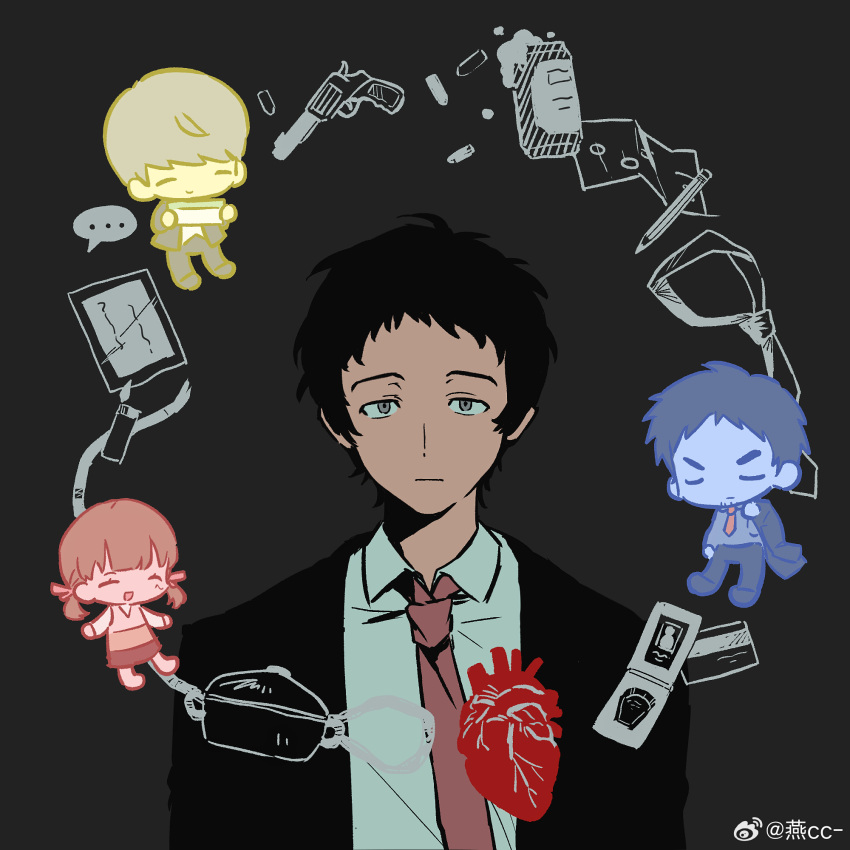 ..., 1girl, 3boys, adachi_tooru, alcohol, beer, bullet, chinese_commentary