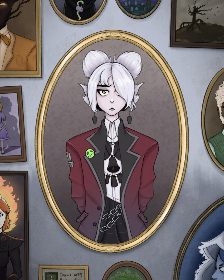 1girl, absurdres, arms_behind_back, artist_name, badge, black_lips, black_skirt, blazer