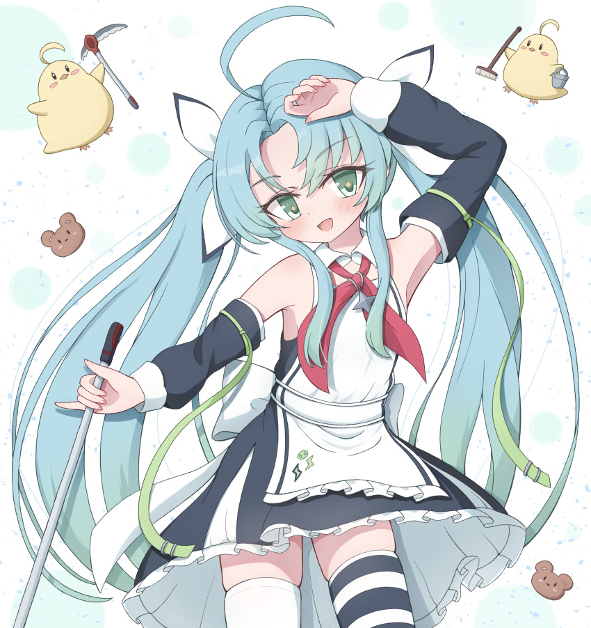 1girl, absurdres, apron, aqua_hair, asymmetrical_legwear, azur_lane, blush, bucket, commentary_request, detached_sleeves, dvomil, frilled_skirt, frills, green_eyes, hair_ornament, highres, long_hair, manjuu_(azur_lane), mismatched_legwear, mop, neckerchief, open_mouth, ozornoy_(azur_lane), pioneer_neckerchief, red_neckerchief, school_uniform, skirt, smile, soviet_school_uniform, striped_clothes, striped_thighhighs, thigh-highs, twintails, white_thighhighs