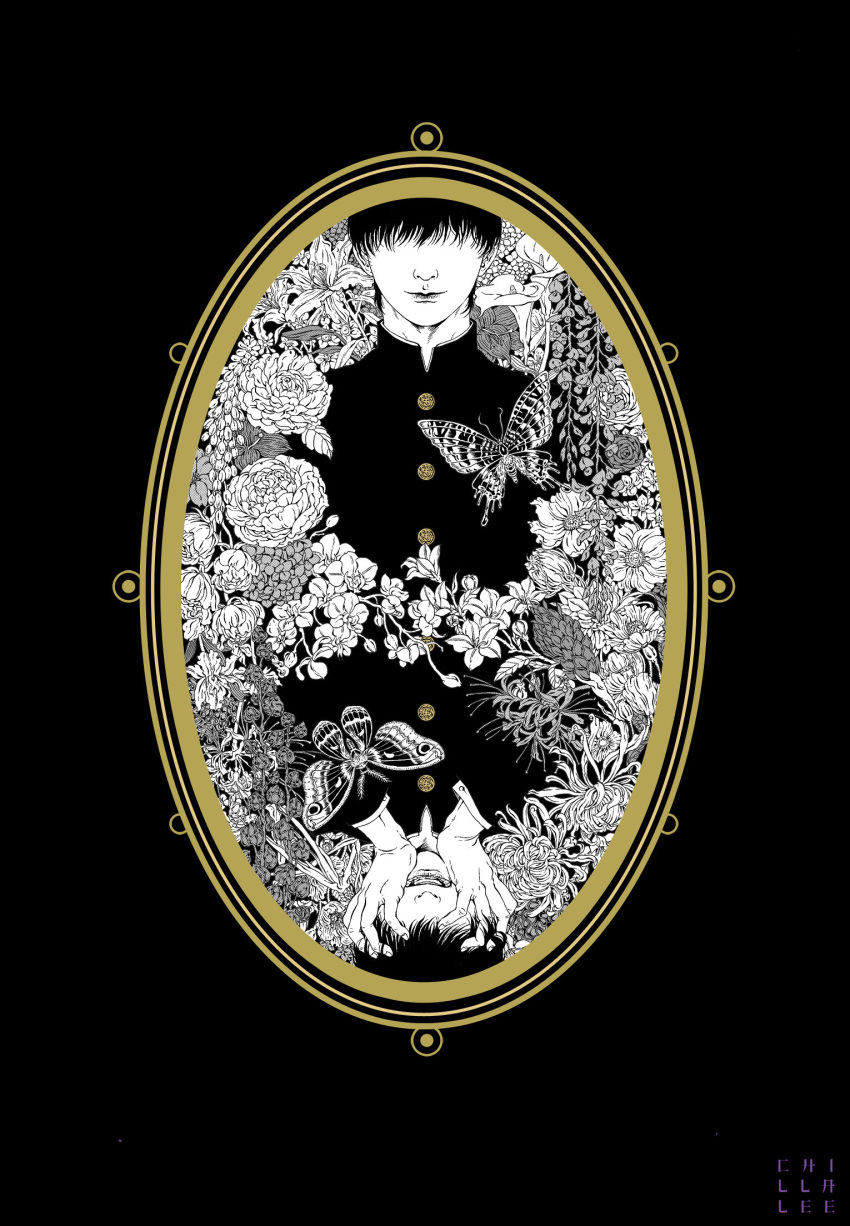 1boy, black_background, bug, buttons, calla_lily, chazy, check_flower, chinese_lantern_(plant)