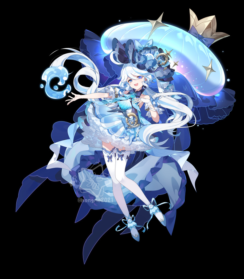 1girl, :d, absurdres, adapted_costume, alternate_costume, black_background, blue_dress, blue_eyes