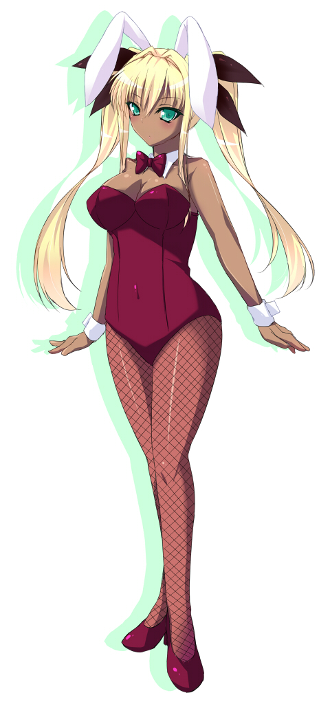 blonde_hair, bowtie, bunny_ears, bunnysuit, dark_skin, detached_collar, fishnet_pantyhose, fishnets