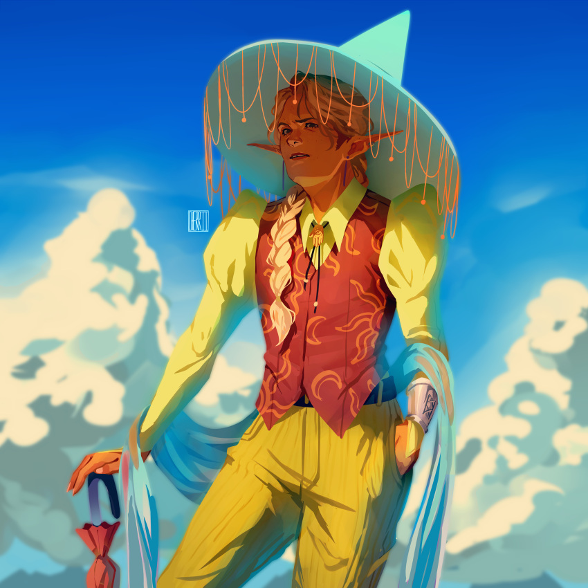 1boy, absurdres, androgynous, belt, blonde_hair, bolo_tie, braid, braided_ponytail