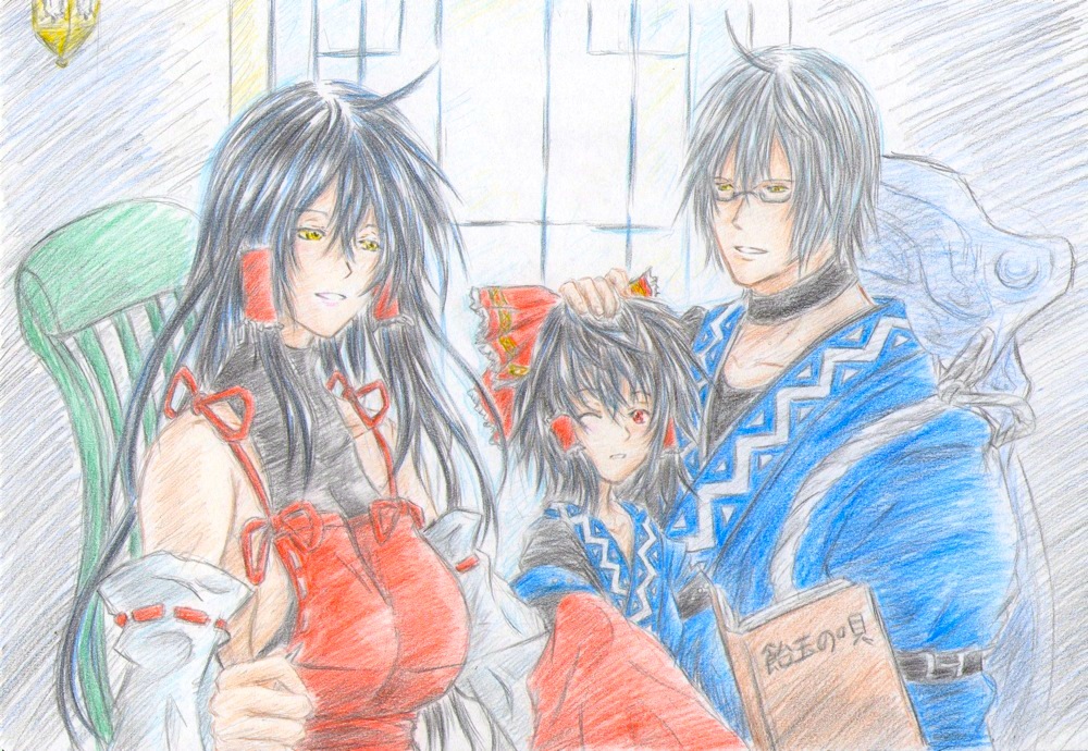 1boy, 2girls, age_difference, ahoge, alternate_costume, black_hair, book, bow