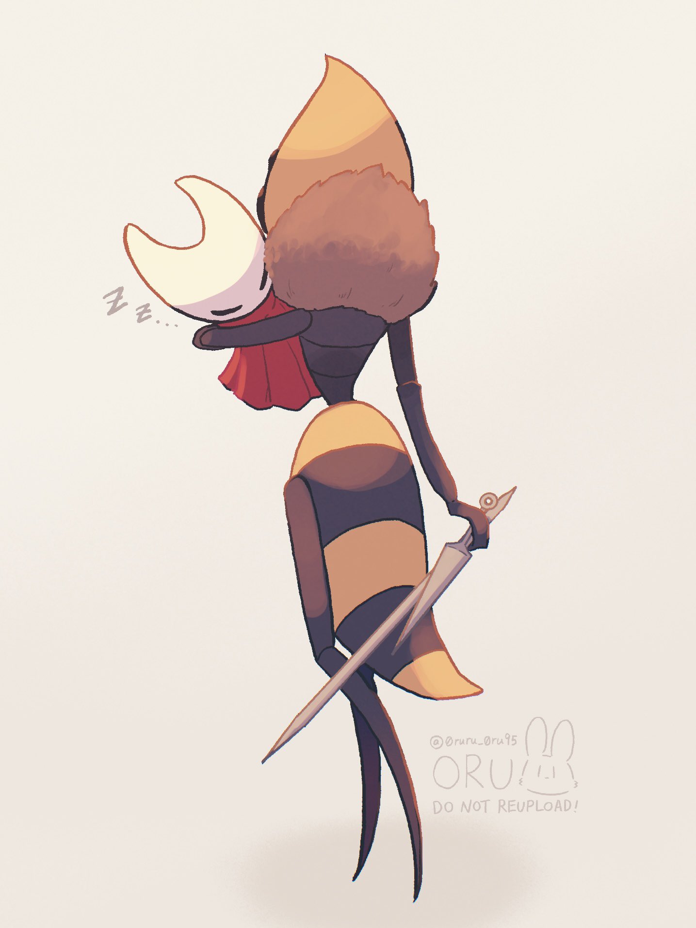 2girls, aged_down, arthropod_girl, bee_girl, black_eyes, black_skin, brown_fur, cloak, closed_eyes, colored_skin, commentary, english_commentary, extra_eyes, from_behind, full_body, highres, hive_queen_vespa_(hollow_knight), holding, holding_weapon, hollow_knight, hollow_knight:_silksong, hornet_(hollow_knight), horns, mask, multiple_girls, needle_(hollow_knight), oru_(0ruru_0ru95), red_cloak, simple_background, sleeping, weapon, white_mask