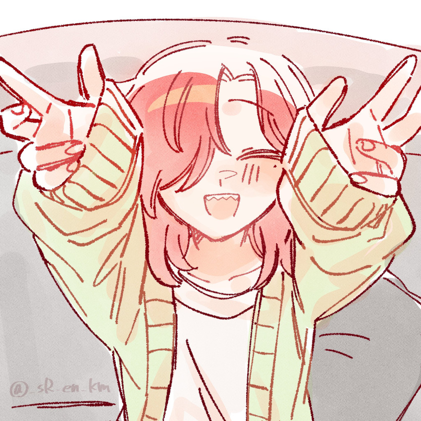 1boy, :d, arms_up, blush, cardigan, closed_eyes, couch, fingernails