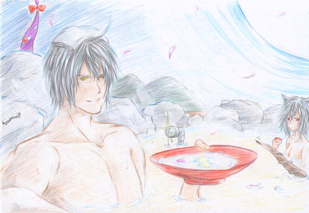 animal_ears, bow, cherry_blossoms, chest, colored_pencil_(medium), commentary_request, esparda, eyes