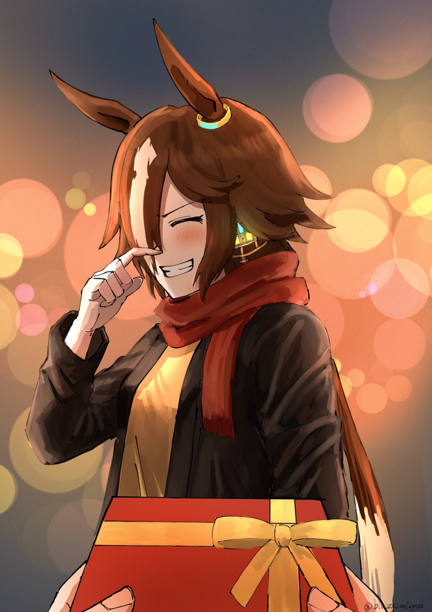 1girl, 1other, ^_^, animal_ears, black_jacket, blaze_octopus, blush, box