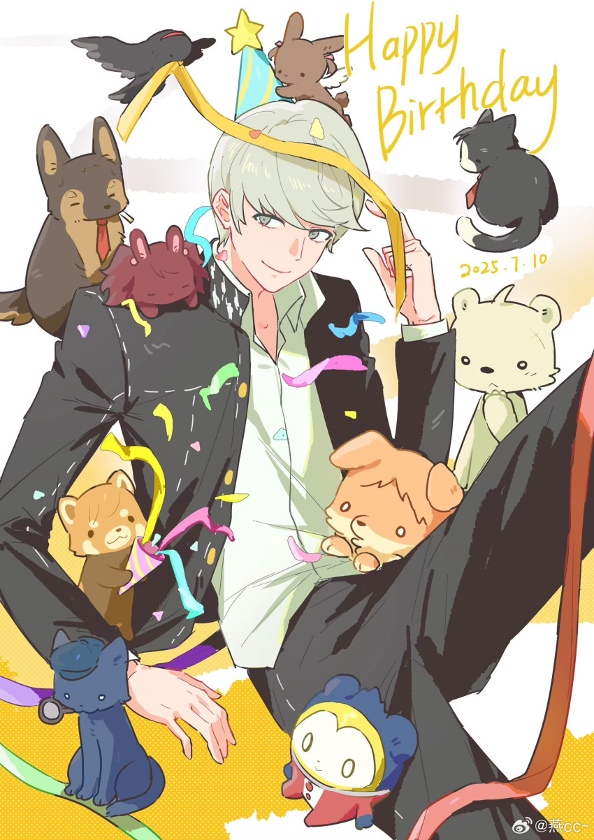 1boy, adachi_tooru, amagi_yukiko, animalization, bear, bird, black_pants, cat, cigarette, closed_mouth, commentary_request, confetti, dated, dog, doujima_nanako, doujima_ryoutarou, grey_eyes, grey_hair, hanamura_yousuke, happy_birthday, hat, highres, knee_up, kujikawa_rise, kuma_(persona_4), looking_at_viewer, magnifying_glass, male_focus, mouth_hold, narukami_yu, necktie, pants, party_hat, persona, persona_4, rabbit, red_necktie, red_panda, satonaka_chie, school_uniform, shirogane_naoto, smile, smoking, solo, solo_focus, tatsumi_kanji, wings, yancc, yasogami_school_uniform