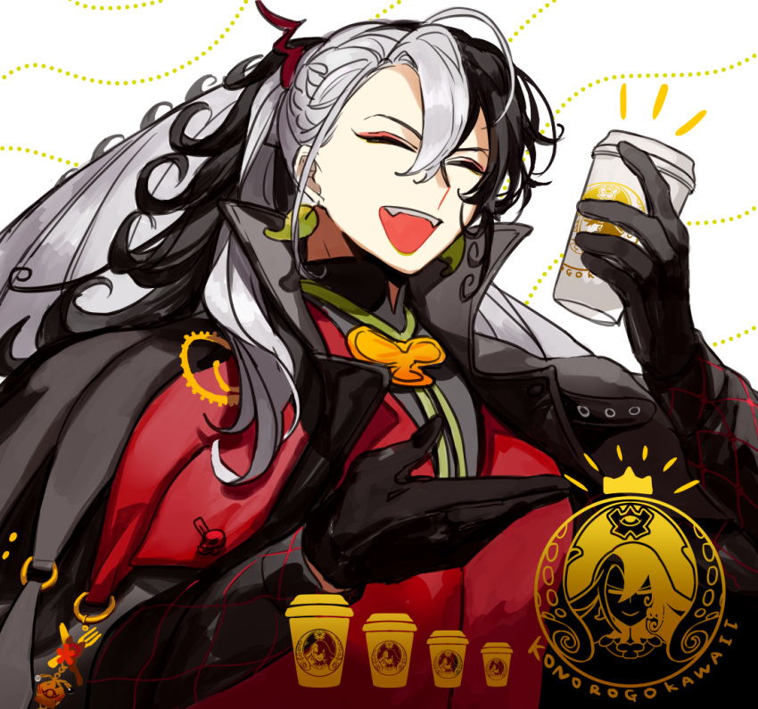 1boy, ashiya_douman_(fate), black_coat, black_gloves, coat, commentary_request, cup, disposable_coffee_cup