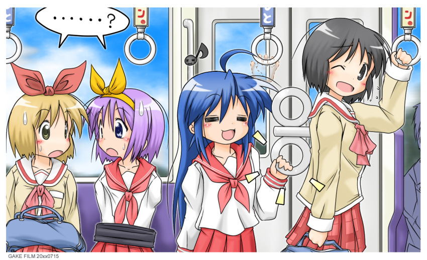 4girls, =_=, =w=, ?, ahoge, android, annaka, annaka_(nichijou), annaka_haruna, blue_hair, company_connection, crossover, gaketsu, hair_ribbon, hiiragi_tsukasa, izumi_konata, kyoto_animation, look-alike, lookalike, lucky_star, multiple_girls, musical_note, nichijou, open_mouth, ribbon, school_uniform, serafuku, shinonome_nano, smile, surprised, sweatdrop, train, train_interior, winding_key, wink