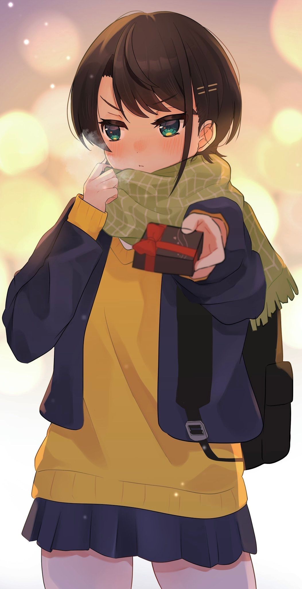 1girl, :t, adjusting_scarf, backpack, bag, black_bag, black_hair, blue_eyes