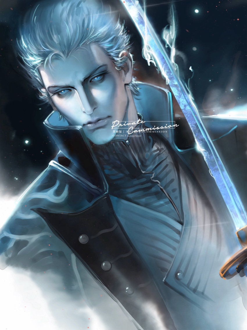 1boy, blue_coat, blue_eyes, closed_mouth, coat, devil_may_cry_(series), devil_may_cry_5, fingerless_gloves