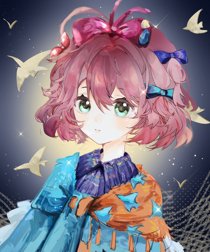 1girl, ahoge, aqua_eyes, blue_bow, blue_dress, blue_scarf, bow, dark_background, dress, flutterpage, gradient_background, hair_bow, highres, looking_at_viewer, multiple_hair_bows, orange_scarf, pink_bow, purple_hair, red_bow, reverse:1999, scarf, short_hair, simple_bird, solo, suanxing_lan_y, two-tone_scarf