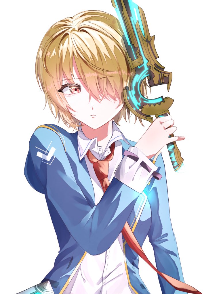 1girl, brown_hair, commentary_request, hair_over_one_eye, heaven_burns_red, holding, holding_sword, holding_weapon, kayamori_ruka, necktie, r5oaz, school_uniform, short_hair, simple_background, sword, weapon, yellow_eyes