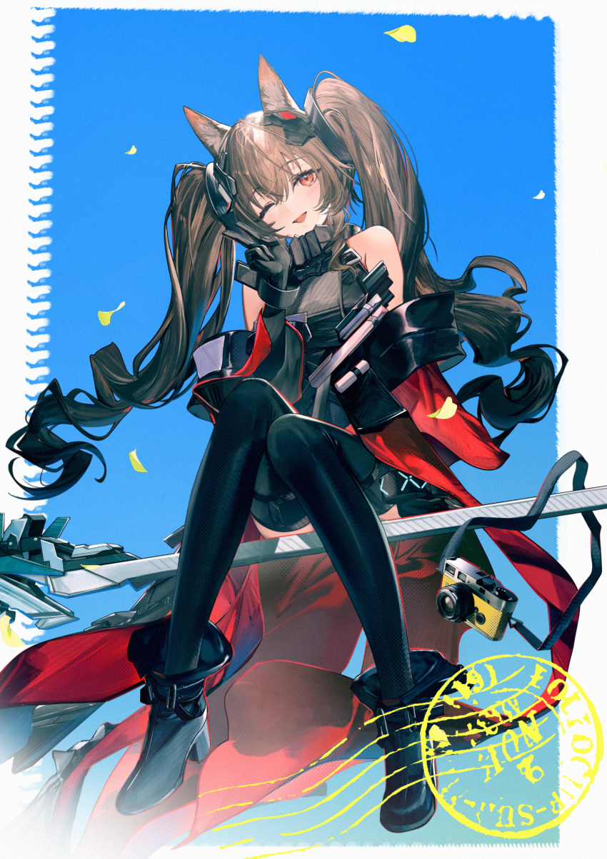 1girl, angelina_(arknights), animal_ear_fluff, animal_ears, arknights, arknights:_endfield, black_boots, black_gloves, black_thighhighs, blush, boots, brown_hair, camera, commentary, fox_ears, fox_girl, gilberta_(arknights), gloves, head_tilt, high_heel_boots, high_heels, highres, igawa_hikaru, infection_monitor_(arknights), looking_at_viewer, one_eye_closed, open_mouth, postmark, red_eyes, solo, thigh-highs, twintails, untranslatable_commentary, v, weapon_riding