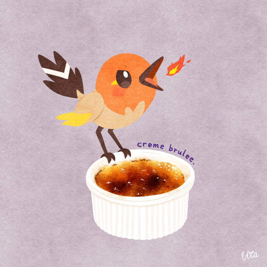 breath_weapon, breathing_fire, commentary_request, creme_brulee, fire, fletchling, food, highres