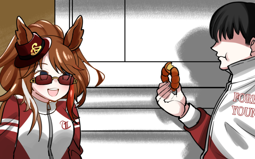 1boy, 1girl, alternate_costume, animal_ears, aramori_susumu, breasts, brown_hair, commentary_request