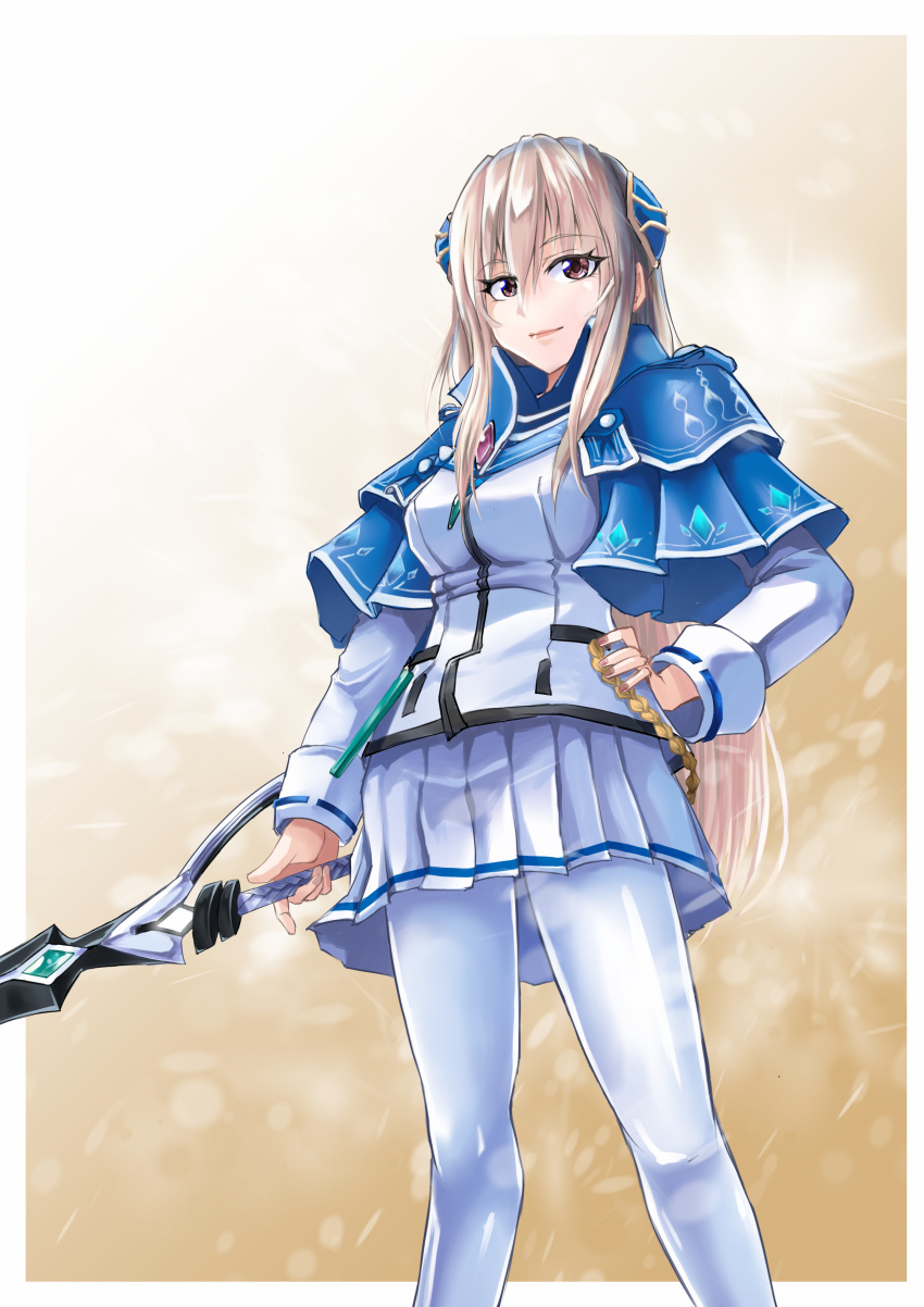1girl, absurdres, blue_cape, cape, commentary_request, hair_ornament, hand_on_own_hip, heaven_burns_red