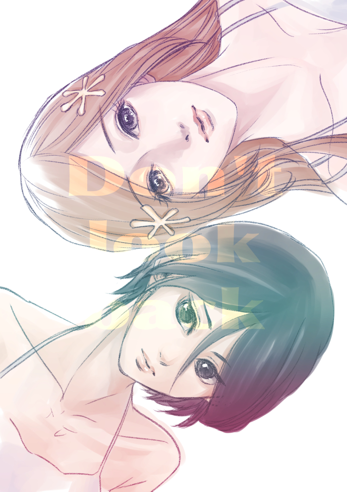 2girls, black_eyes, black_hair, bleach, commentary_request, english_text, gekkousha, hair_ornament