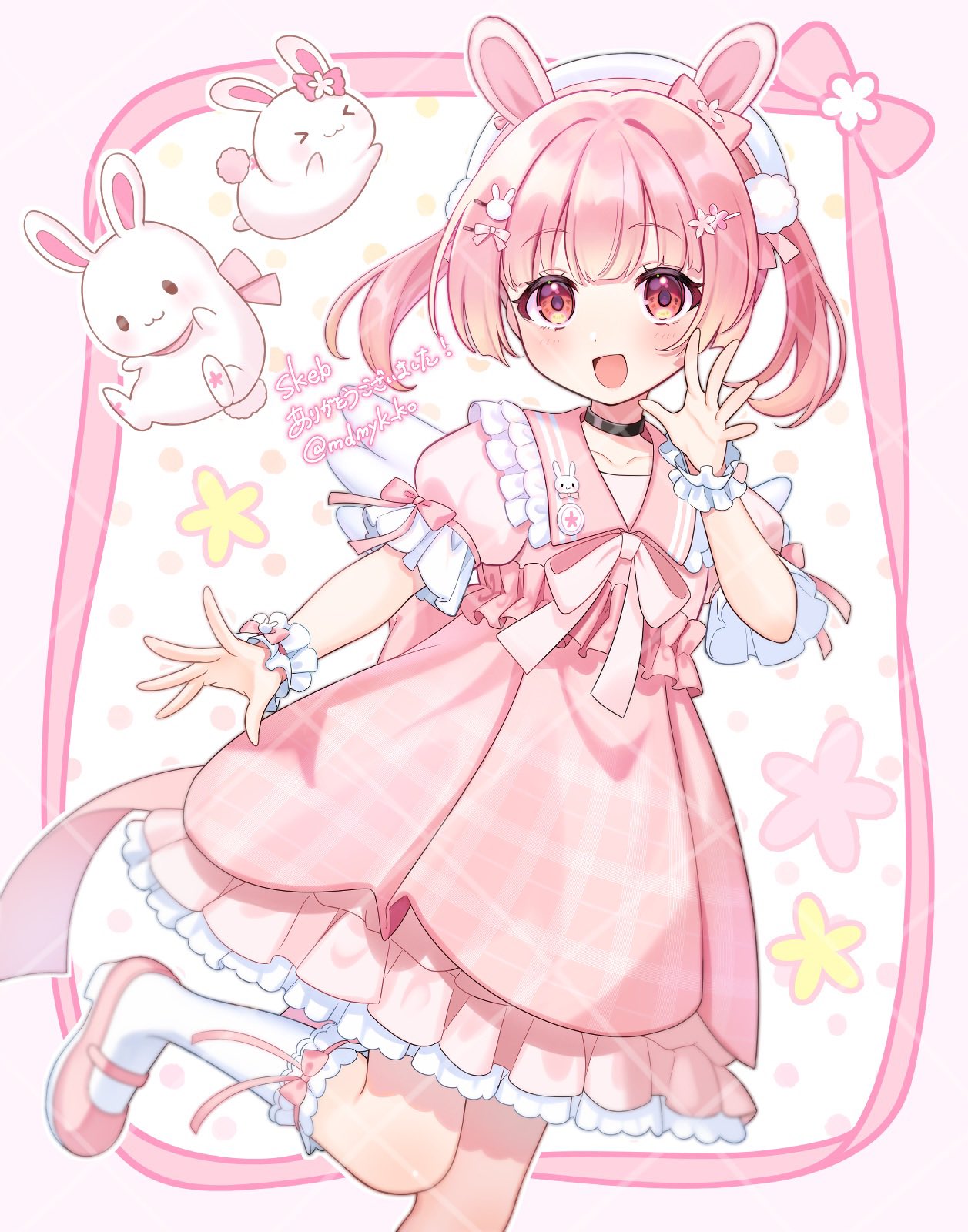 1girl, :d, animal_ears, blunt_bangs, blush, bow, bow_legwear, bowtie