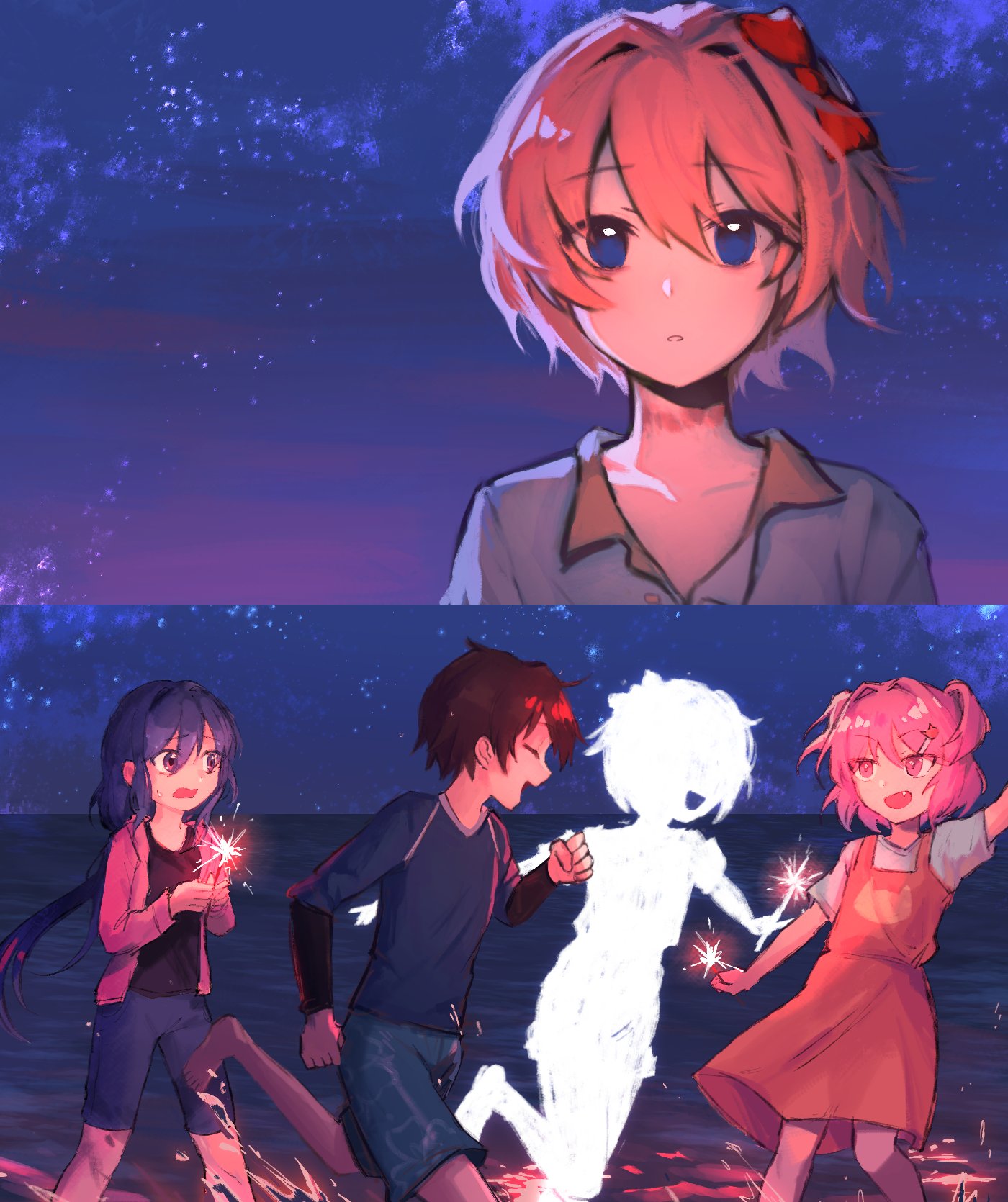 1boy, 3girls, aged_down, blue_eyes, blue_hair, blue_hoodie, blue_shorts, brown_hair