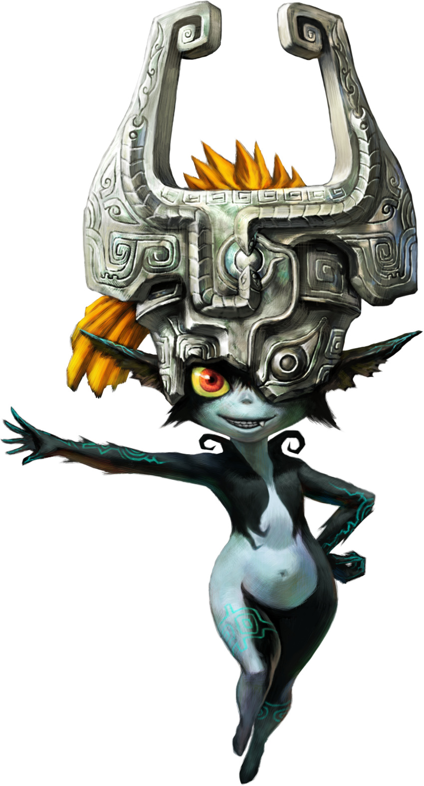 1girl, absurdres, arm_up, black_skin, body_markings, colored_sclera, colored_skin, demon_girl, fang, flat_chest, grey_helmet, grey_skin, grin, hand_on_own_hip, happy, helmet, highres, leg_up, looking_at_viewer, midna, multicolored_skin, nakano_yusuke, navel, neon_trim, official_art, one_eye_covered, orange_hair, outstretched_arm, pointy_ears, ponytail, red_eyes, simple_background, smile, solo, standing, standing_on_one_leg, stomach, teeth, the_legend_of_zelda, the_legend_of_zelda:_twilight_princess, third-party_source, transparent_background, two-tone_skin, wide_hips, yellow_sclera