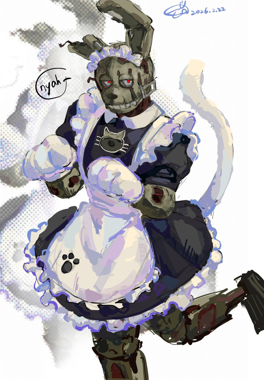 1boy, animal_ears, animal_hands, animatronic, apron, black_dress, cat_cutout, cat_paws