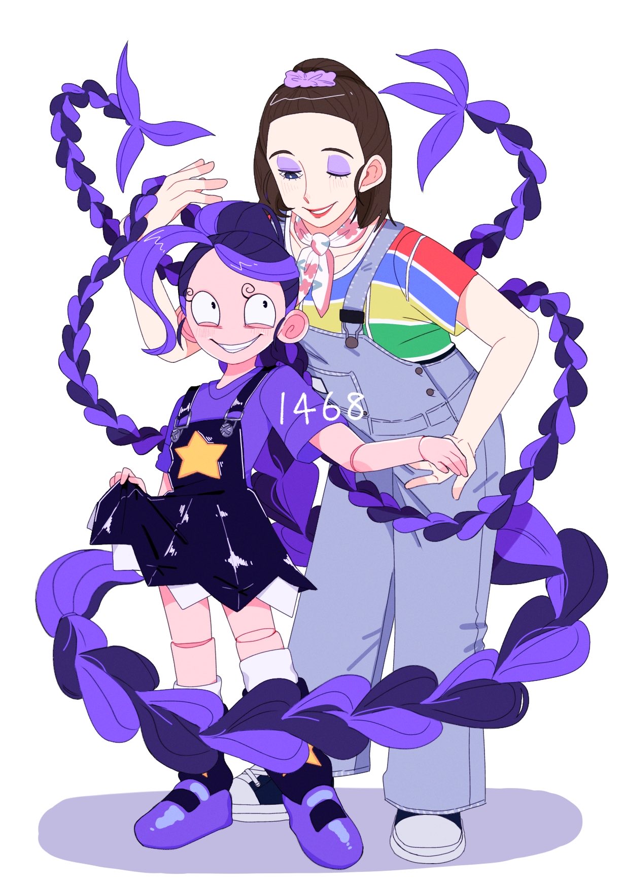 2girls, black_eyes, black_leg_warmers, black_overalls, blue_eyes, blush, braid, brown_hair, clothes_lift, commentary_request, doll_joints, full_body, gracie_green, grey_overalls, height_difference, highres, holding_hands, joints, leg_warmers, lily_lovebraids, long_braid, long_hair, looking_at_another, multicolored_shirt, multiple_braids, multiple_girls, no_eyebrows, one_eye_closed, overall_skirt, overalls, poppy_playtime, purple_hair, purple_shirt, purple_shoes, red_lips, sansan_3x3, shadow, shirt, shoes, short_hair, skirt, skirt_lift, smile, socks, standing, striped_clothes, striped_shirt, teeth, very_long_hair, white_socks