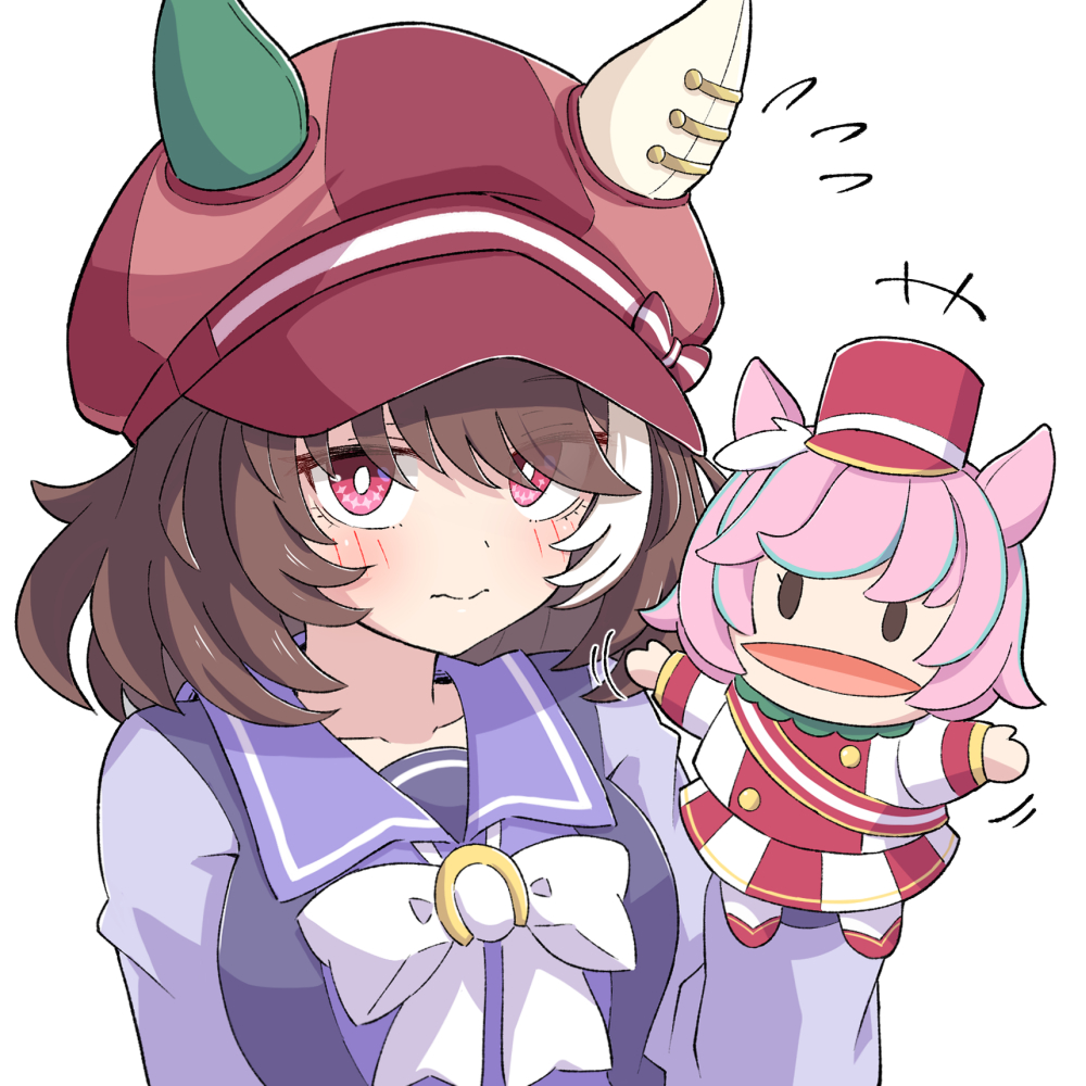 1girl, animal_ears, blush, breasts, brown_hair, closed_mouth, collarbone, commentary_request, hand_puppet, hat, horse_ears, horse_girl, large_breasts, looking_at_viewer, marche_lorraine_(umamusume), portrait, puppet, school_uniform, solo, toushirou_(sugarwhite1046), tracen_school_uniform, umamusume, violet_eyes, white_background