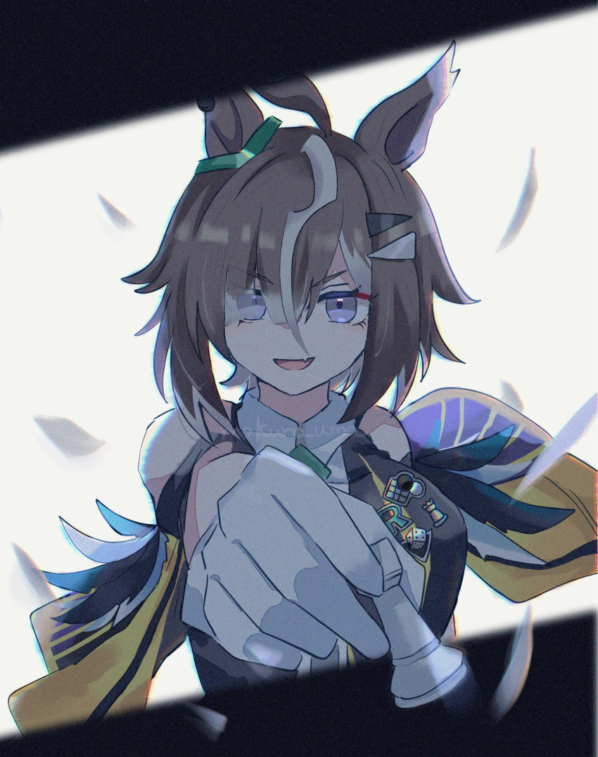 1girl, ahoge, animal_ears, black_shirt, breasts, brown_hair, chess_piece, commentary, eyes_visible_through_hair, gloves, grey_hair, hair_between_eyes, hair_over_one_eye, highres, holding, holding_chess_piece, horse_ears, horse_girl, looking_at_viewer, medium_breasts, mokuroo, multicolored_hair, open_mouth, portrait, rulership_(umamusume), shirt, short_hair, solo, streaked_hair, twitter_username, umamusume, untranslatable_commentary, upper_body, v-shaped_eyebrows, violet_eyes, watermark, white_gloves