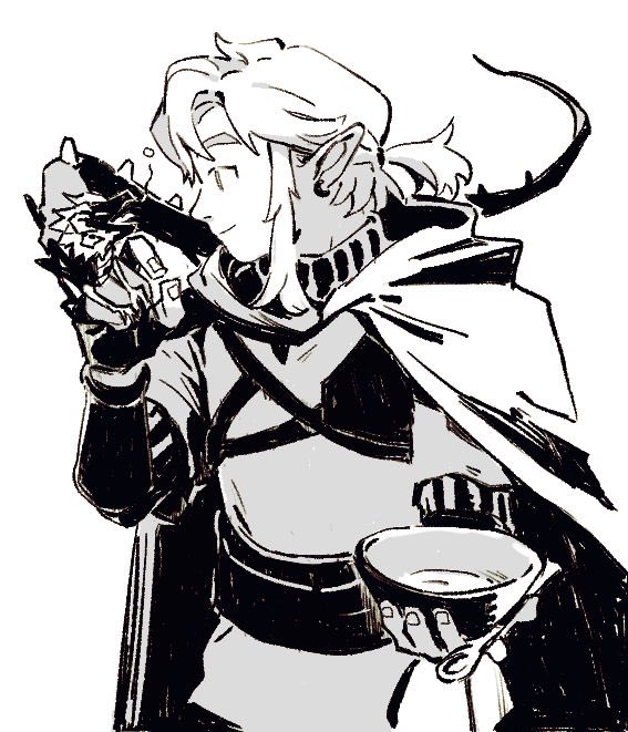 1boy, 26_zzzzzz, alternate_size, belt, bowl, cape, closed_eyes, commentary_request