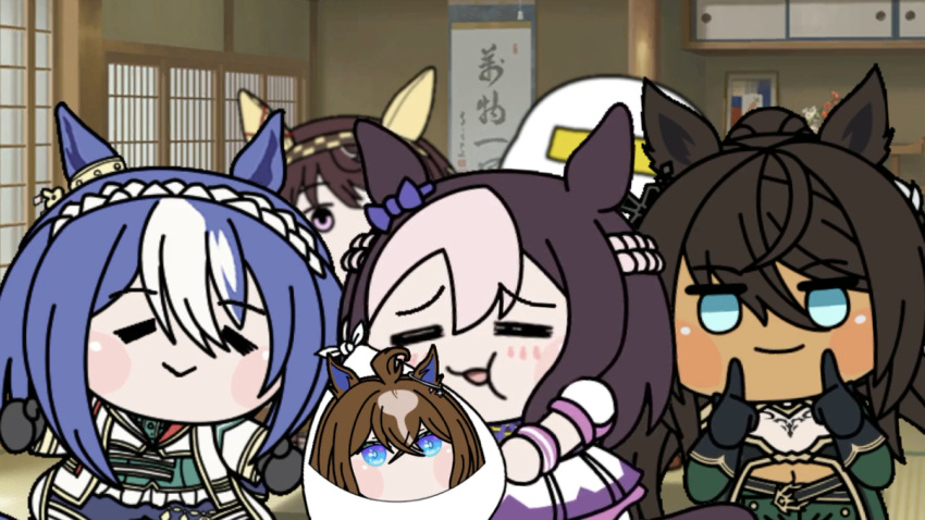 1boy, 5girls, ahoge, animal_ears, baby, blue_eyes, blue_hair, blush