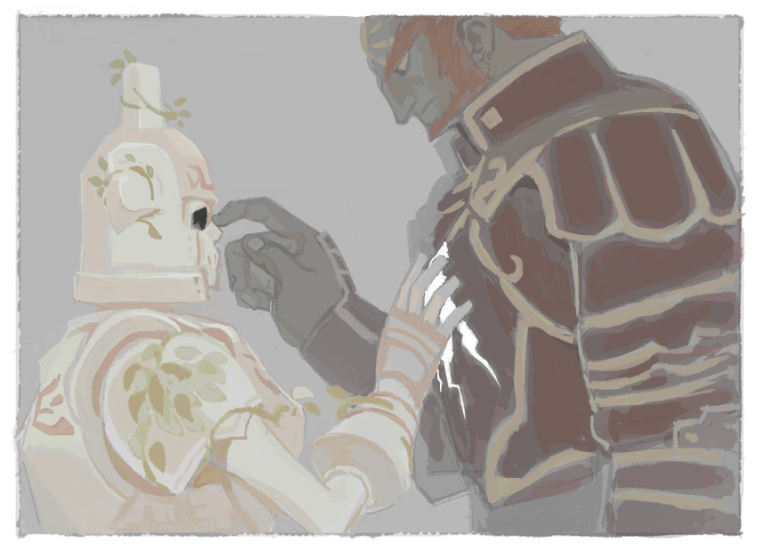 26_zzzzzz, 2boys, armor, beard, crack, cracked_armor, dark-skinned_male, dark_skin