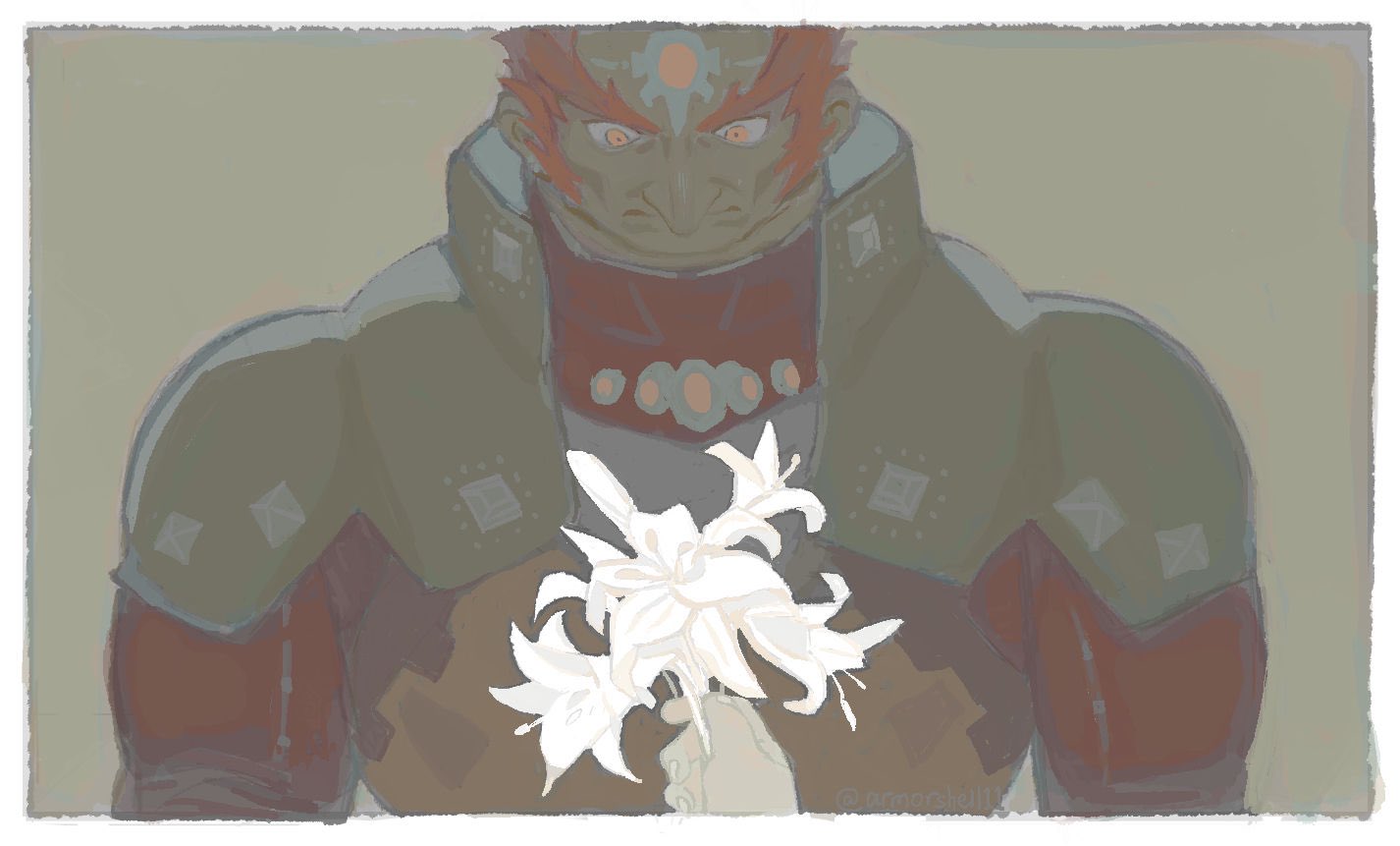 26_zzzzzz, 2boys, armor, colored_skin, dark-skinned_male, dark_skin, flower, forehead_jewel