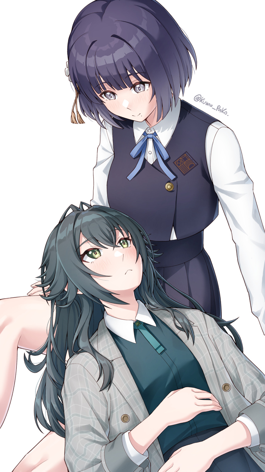 2girls, :<, absurdres, antenna_hair, black_skirt, black_vest, blue_ribbon, coat