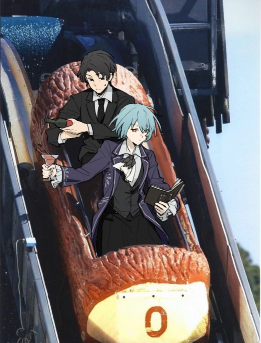 1boy, 1girl, alcohol, angela_(project_moon), ascot, black_hair, black_jacket, black_necktie