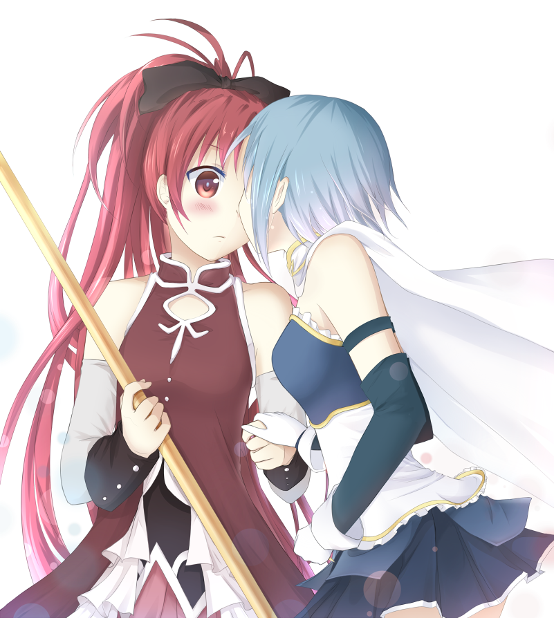 blue_hair, blush, cape, gloves, hair_ornament, hair_ribbon, hand_holding, holding_hands