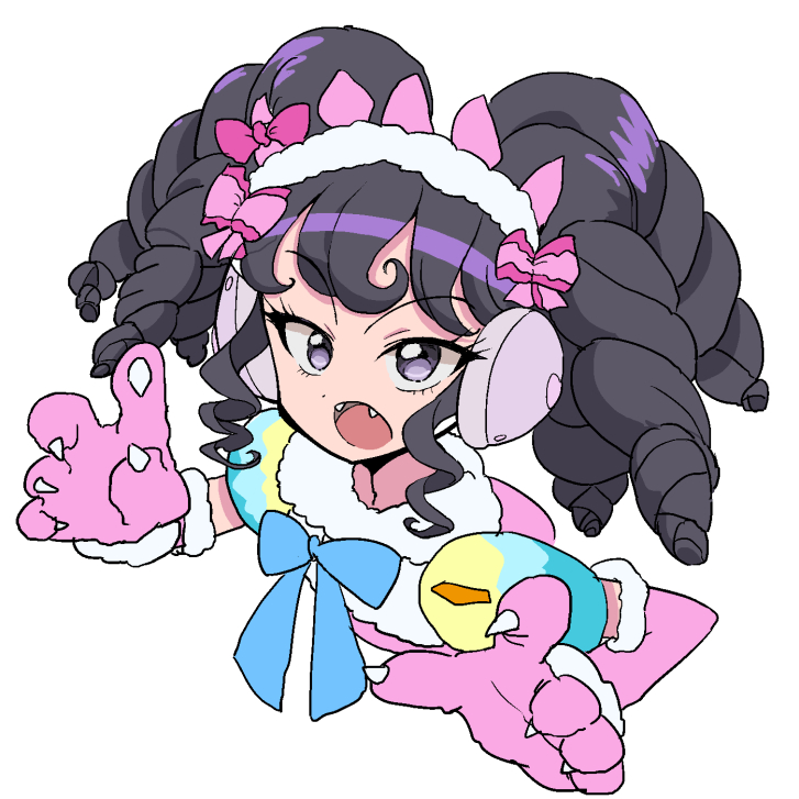 1girl, animal_hands, black_hair, blue_ribbon, botsuo_ingen, bow, claws, drill_hair